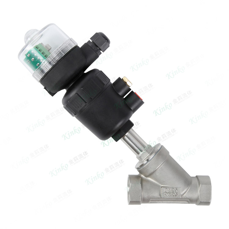 Pneumatic threaded angle seat valve with signal feedback